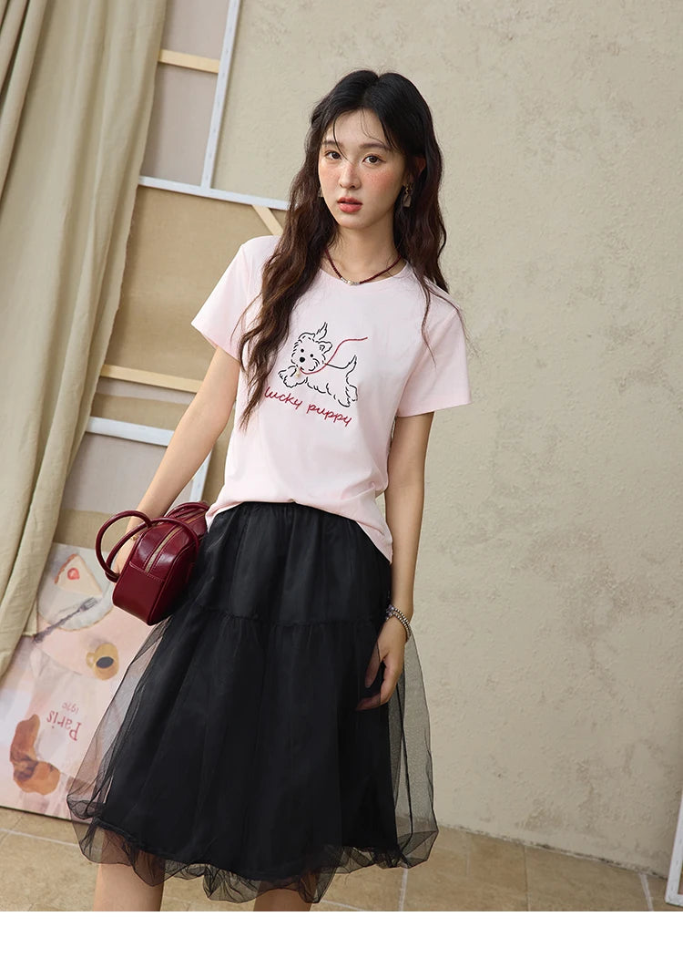 MISHOW Cute Printed Puppy Short Sleeve T-shirt 2025 Summer Round Neck Short Sleeved T-shirt Cotton Blend Casual Tees MXE36T0640