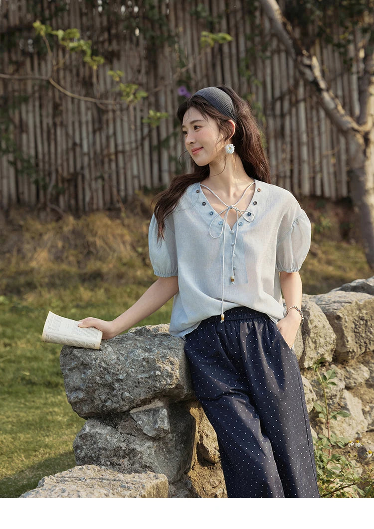 MISHOW French Summer Blouses Women Solid Short Puff Sleeve V-neck Lace-up Design Shirts Female Fashion Straight Tops MXE33X1743