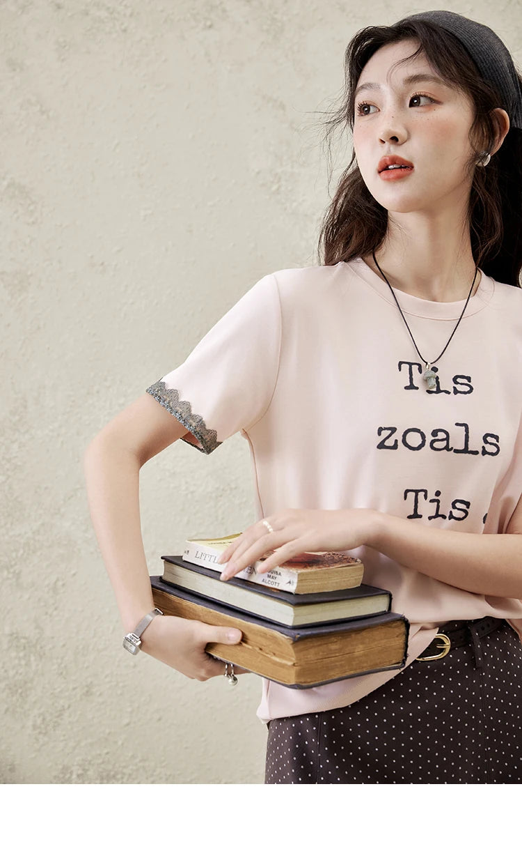 MISHOW Casual Pink Letter T-shrit Women Summer 2025 New Short Sleeve Round Neck Shirts Woman Fashion Lace Tops Lady MXE32T0529