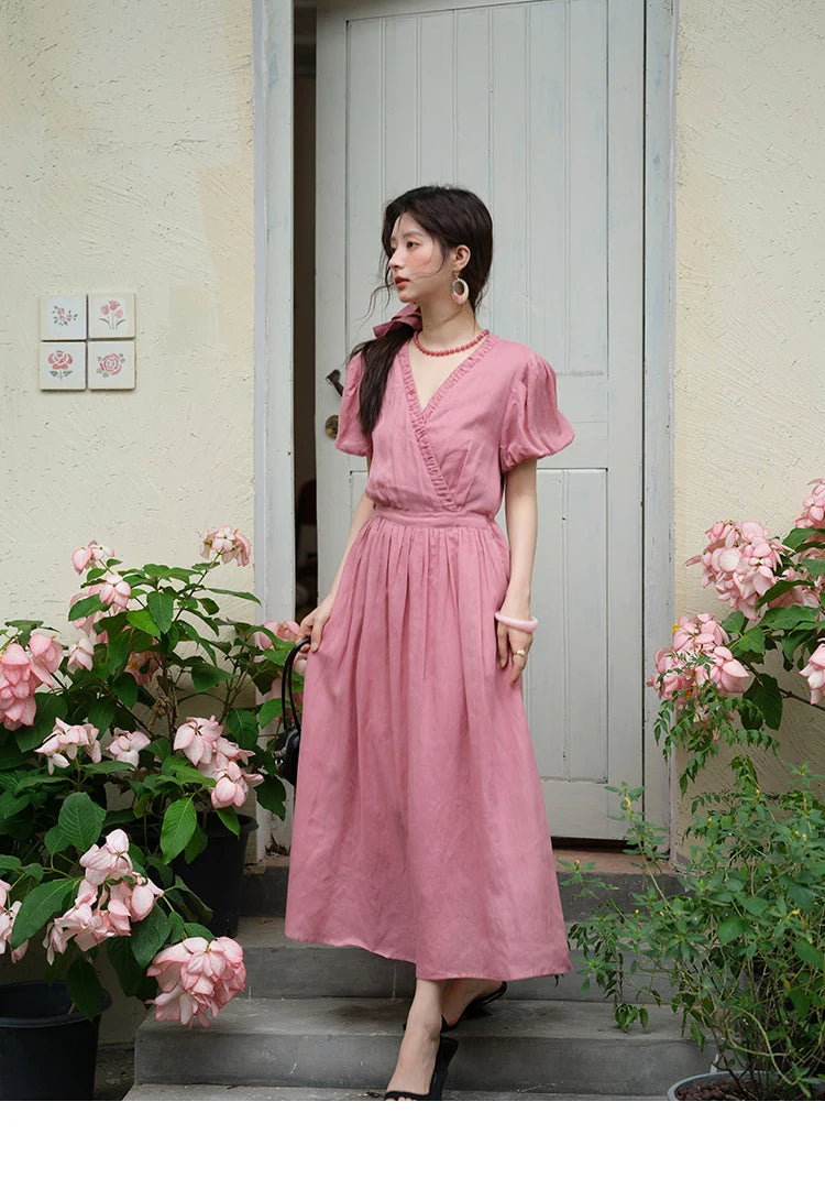 MISHOW Summer Fashion V-neck Dress Woman 2025 New Puff Sleeve Sashes Elegant Pocket Vacation Dresses Ladies Clothing MXE39L2381