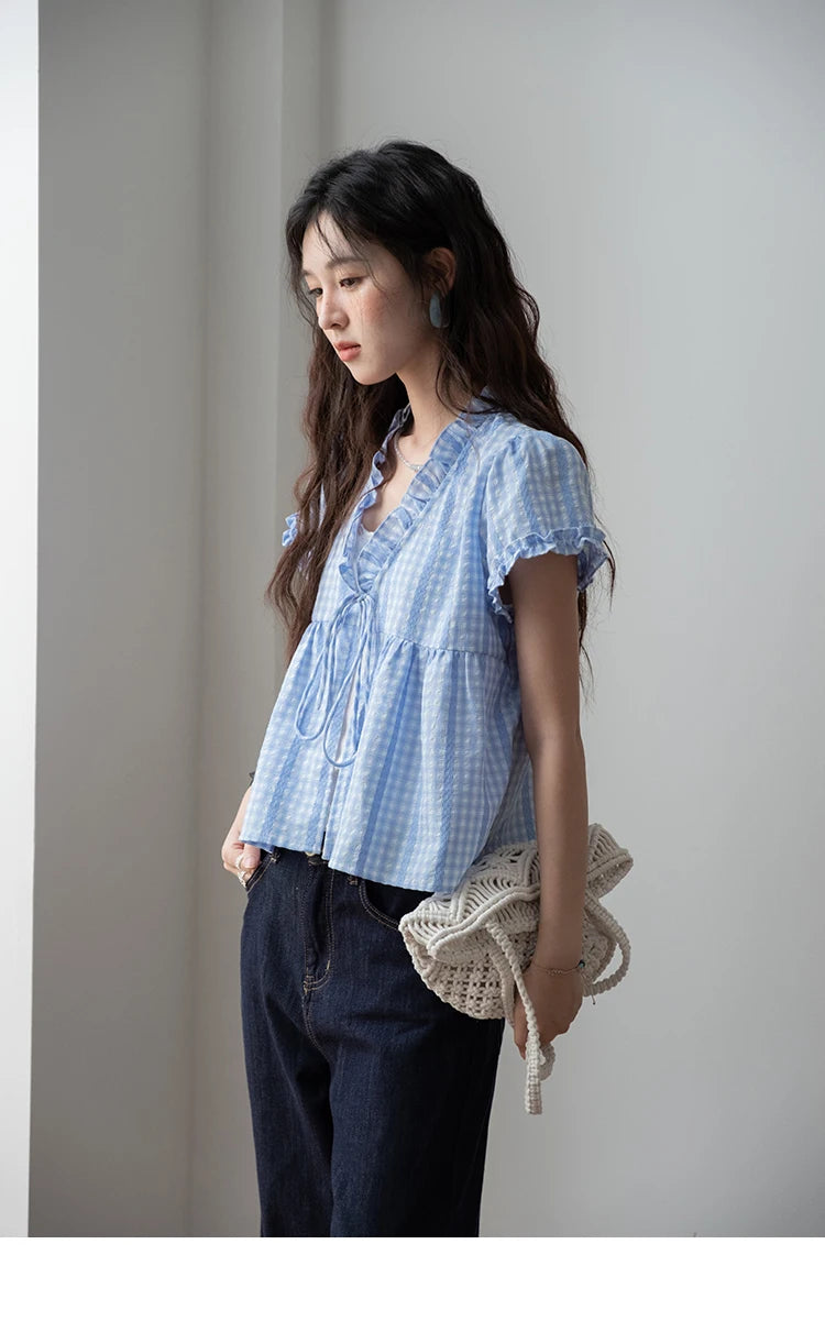 MISHOW Women's Plaid Blue Fake Two Piece Blouse 2025 Summer Fashion Puff Sleeve V-neck Lace Up Top Female Clothing MXE37X1901