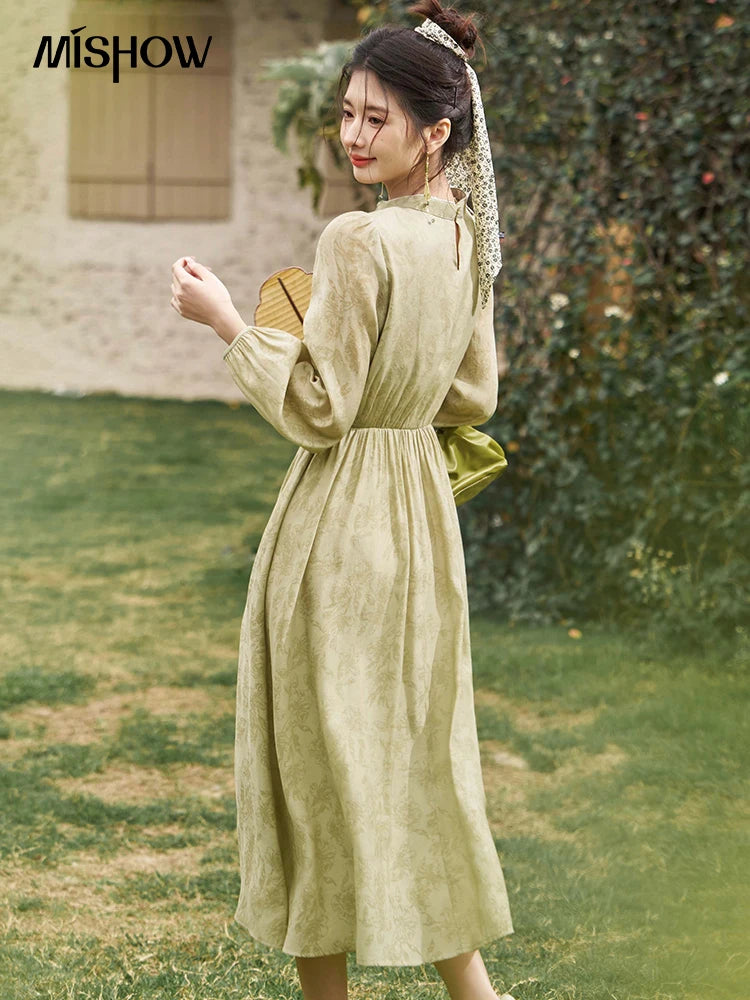 MISHOW Retro Chinese Improved Cheongsam Dress 2024 Spring Chiffon Printing Green Puff Sleeve Stand Neck Waist Dresses MXD14L1767