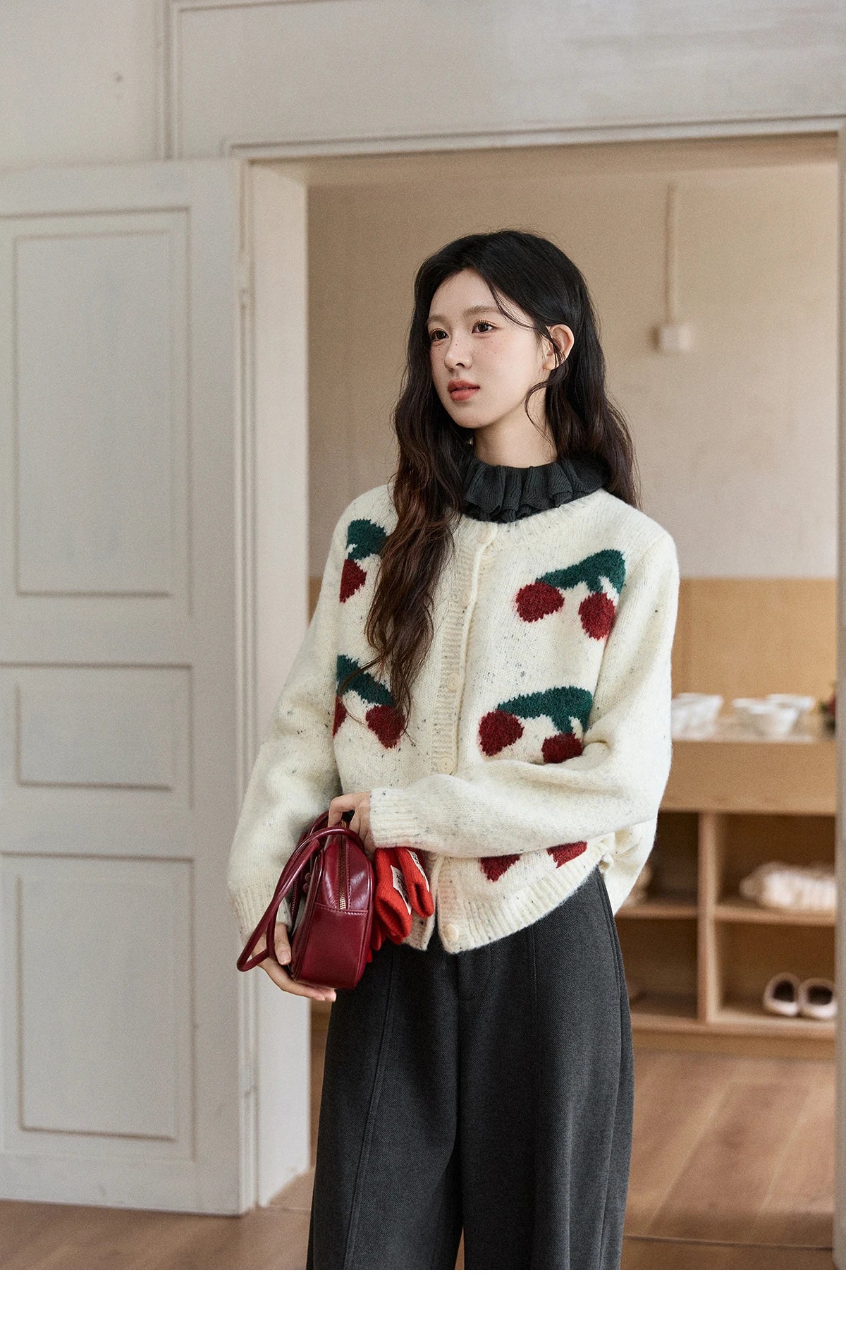 MISHOW Women's Cherry Jacquard Flecked Cardigan 2025 Autumn Winter Korean Drop Shoulder Tops Loose Crew Neck Knitwear MXE91Z2837