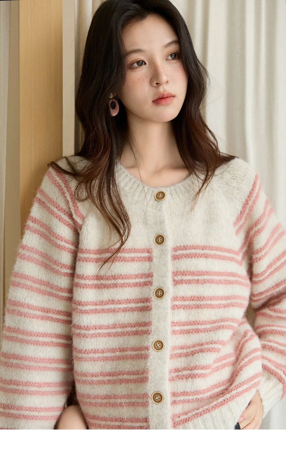 MISHOW Women's Pink Striped Cardigan 2025 Autumn Winter French Style Round Neck Wool Blended Sweater Loose Casual Top MXE49Z2615