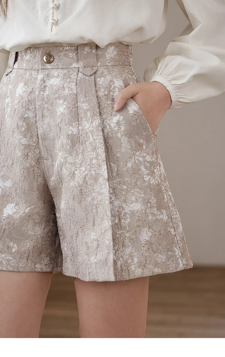 MISHOW High Waist Jacquard Shorts Spring 2024 Palace Style Metal Flower Shaped Buttons Thin Retro A-line Short Pants MXD15K0551