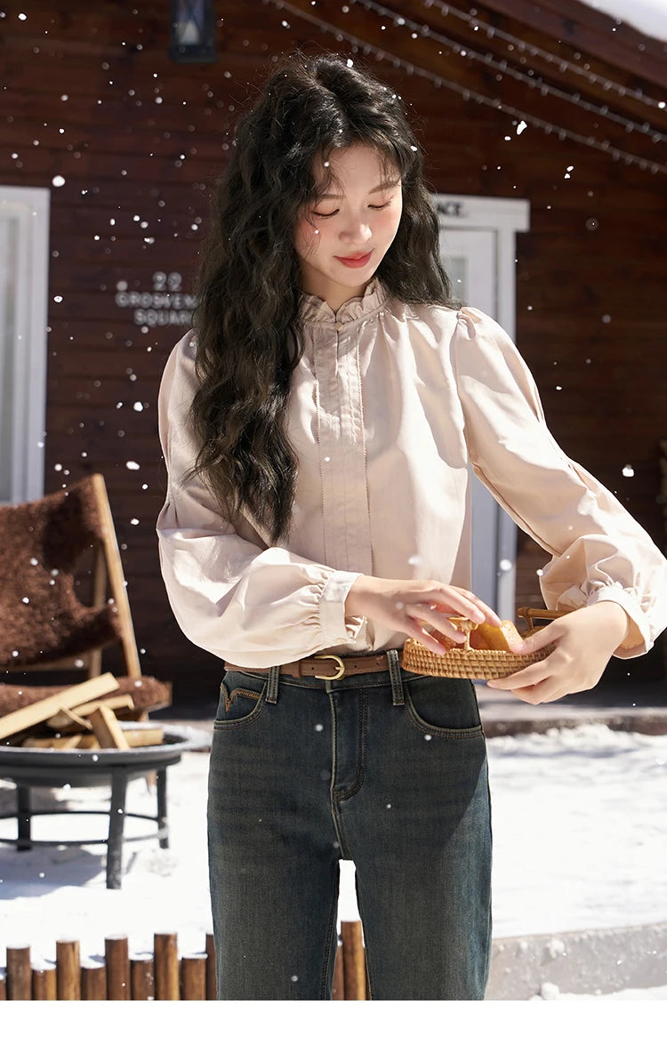 MISHOW French Autumn Winter Button Up Lantern Long Sleeve Shirts Women Ruffle Neck Thick Warm Blouse Flannel Shirt MXC56X1320