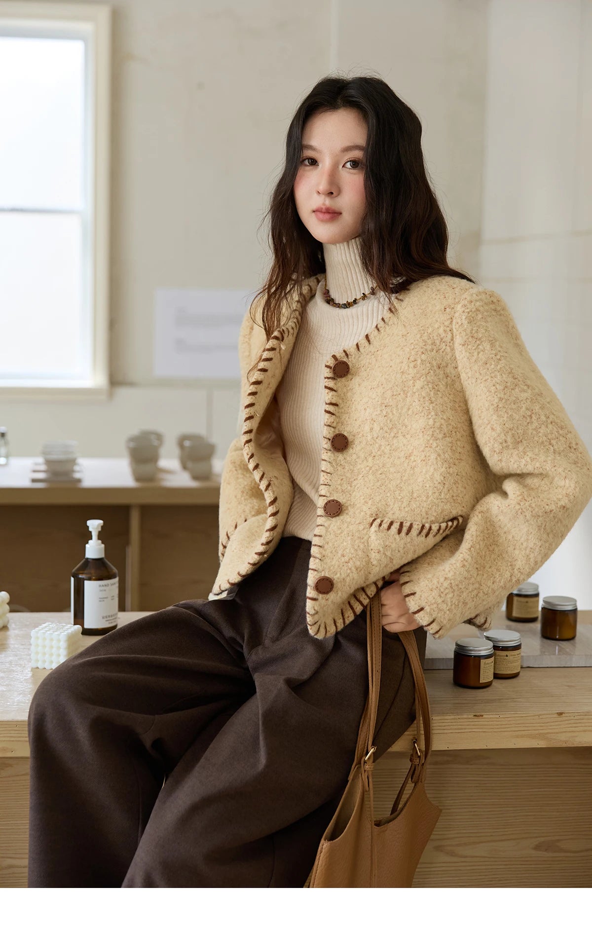 MISHOW Women Winter Jacket 2025 Fashion New Apricot Round Neck Single-breasted Wool Coat Elegant Commuting Short Coat MXE88W0885