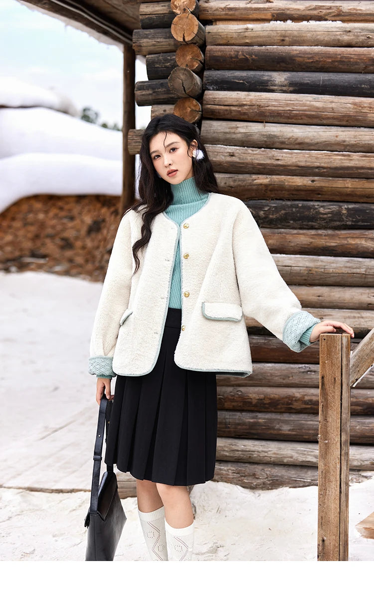 MISHOW Lamb Wool Jacket Women Cuffs Spliced Lace Metal Buttons Design Suede Plush Soft Warm Solid Leather Fur Coats MXD58W0740