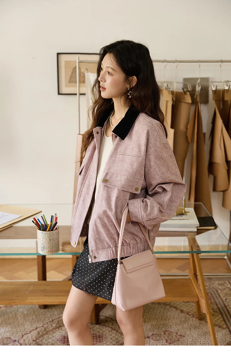 MISHOW Pink Purple Collision Black Lapel Jacket for Women Autumn Suede Metal Zipper Top Retro Loose Elastic Hem Coats MXE46W0865