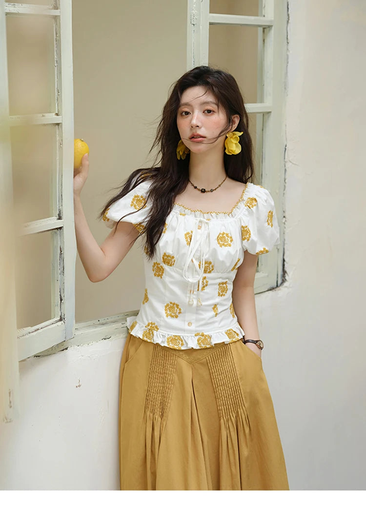 MISHOW Yellow Flower Embroidery Blouse Puff Sleeve Lace Up MXE35X1811