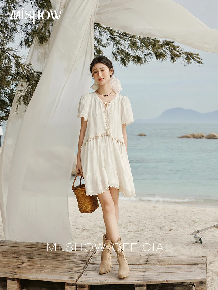 MISOHW Bohemian Solid Women's Summer Dress New 2025 Short Sleeve V-neck Shell Lace Midi Dresses for Woman Fashion MXE33L2195