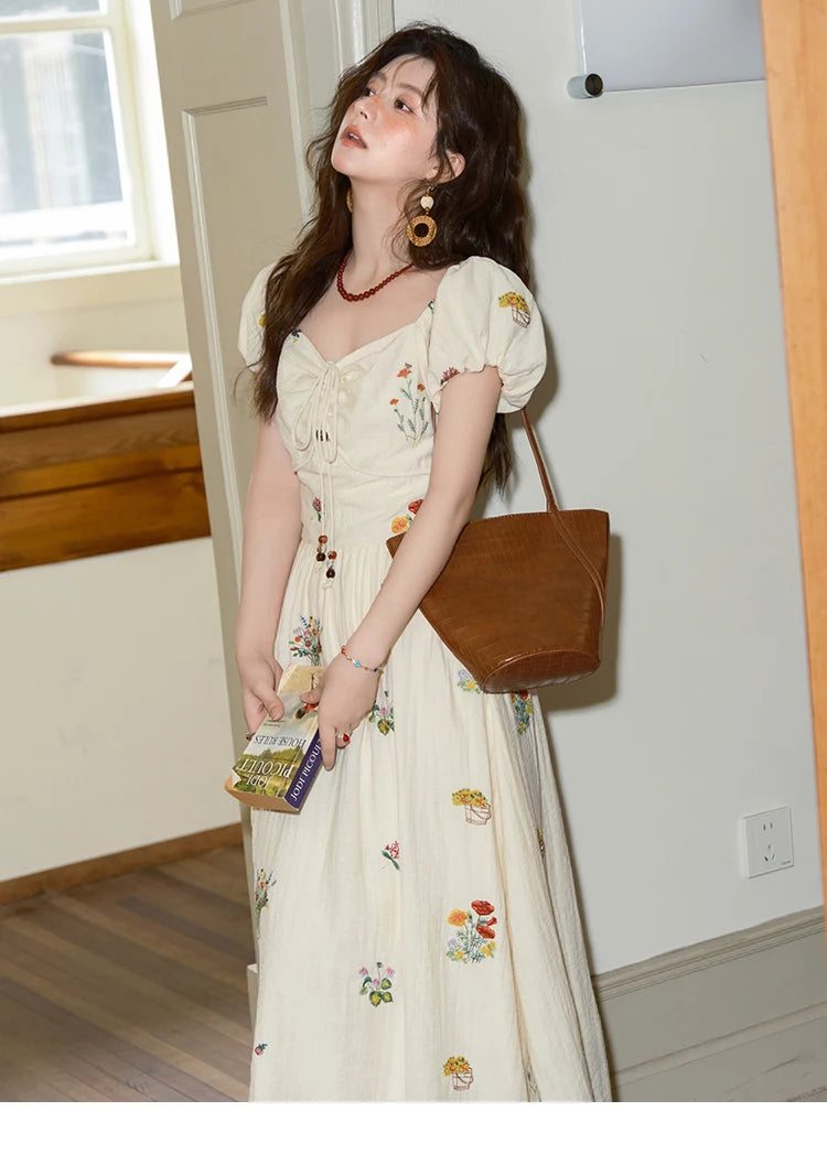 MISHOW Fashion Flower Embroidery Dress for Women Summer 2025 New Square Neck Lace Up Puff Sleeve Large Swing Dresses MXE37L2315