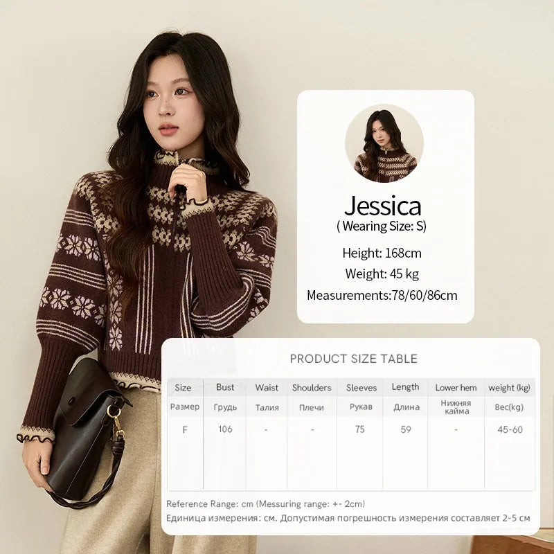 MISHOW Women's Brown Knitted Fair Isle Sweater Vintage Jacquard Lantern Sleeves Zipper Top Ruffled Trim Warm Sweaters MXE91Z2868