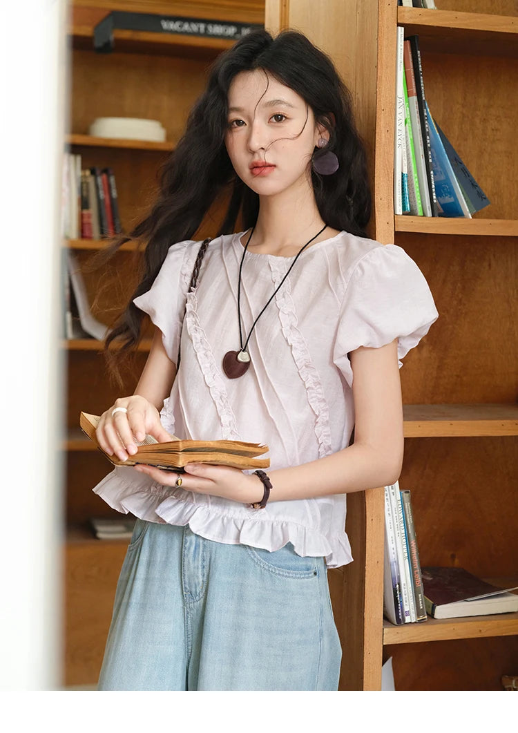 MISHOW Fashion Fungus Edge Puff Sleeve Blouses for Woman 2025 Summer O-Neck French Sweet Loose Top Ladies Clothing MXE39X1941