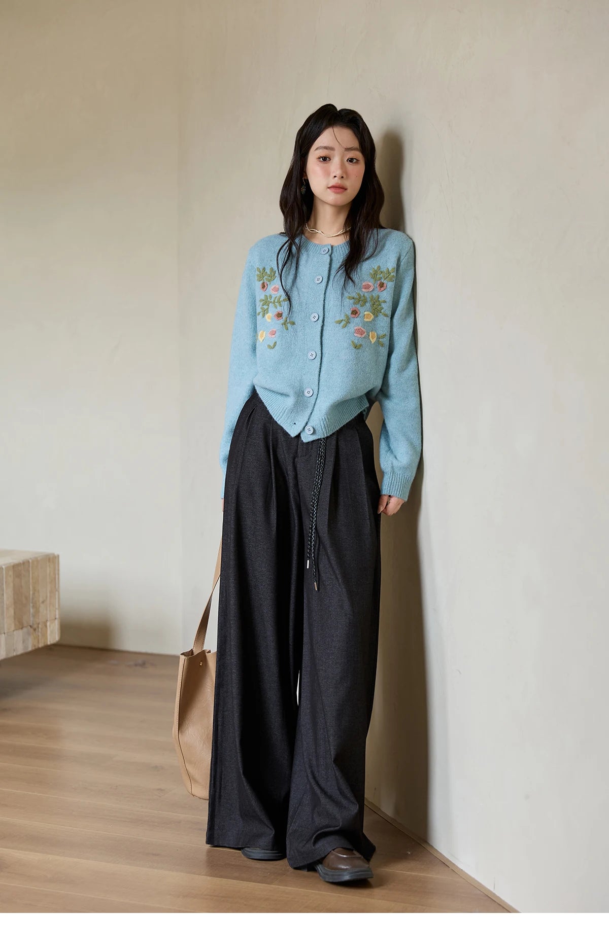 MISHOW Blue Floral Embroidered Cardigan for Women 2025 Autumn Winter New Loose Crew Neck Long Sleeves Sweater Wool MXE51Z2695