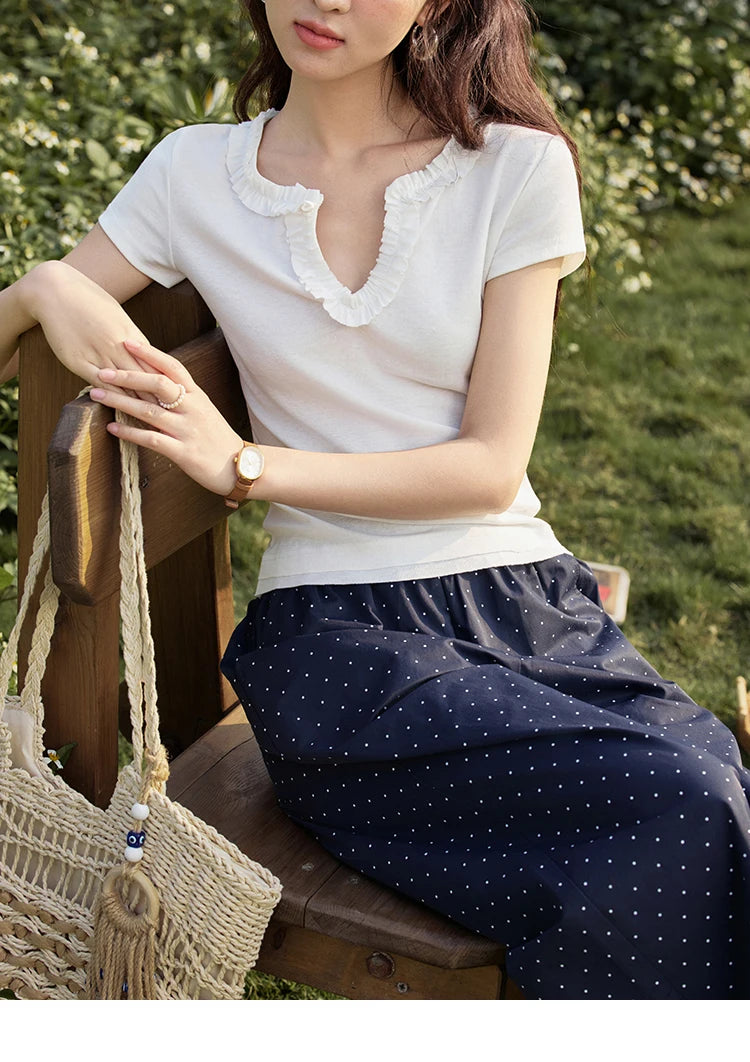 MISHOW Casual Summer T-shirts Women New 2025 Short Sleeve V-neck  Solid Straight Shoulder Slimming Shirt Female Thin MXE35T0562