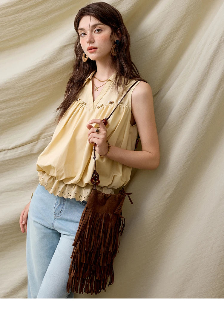 MISHOW Office Lady New Blouse Women Summer New Sleeveless Turn-down Collar Hollow Lace Shirts Female Slimming Fashion MXE31X1760