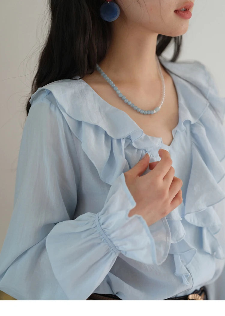 MISHOW Blue Lyocell Ruffled Shirt 2025 Autumn V-neck Flared Sleeves V-neck Shirts Commuting Elegant Versatile Tops MXE41X1969