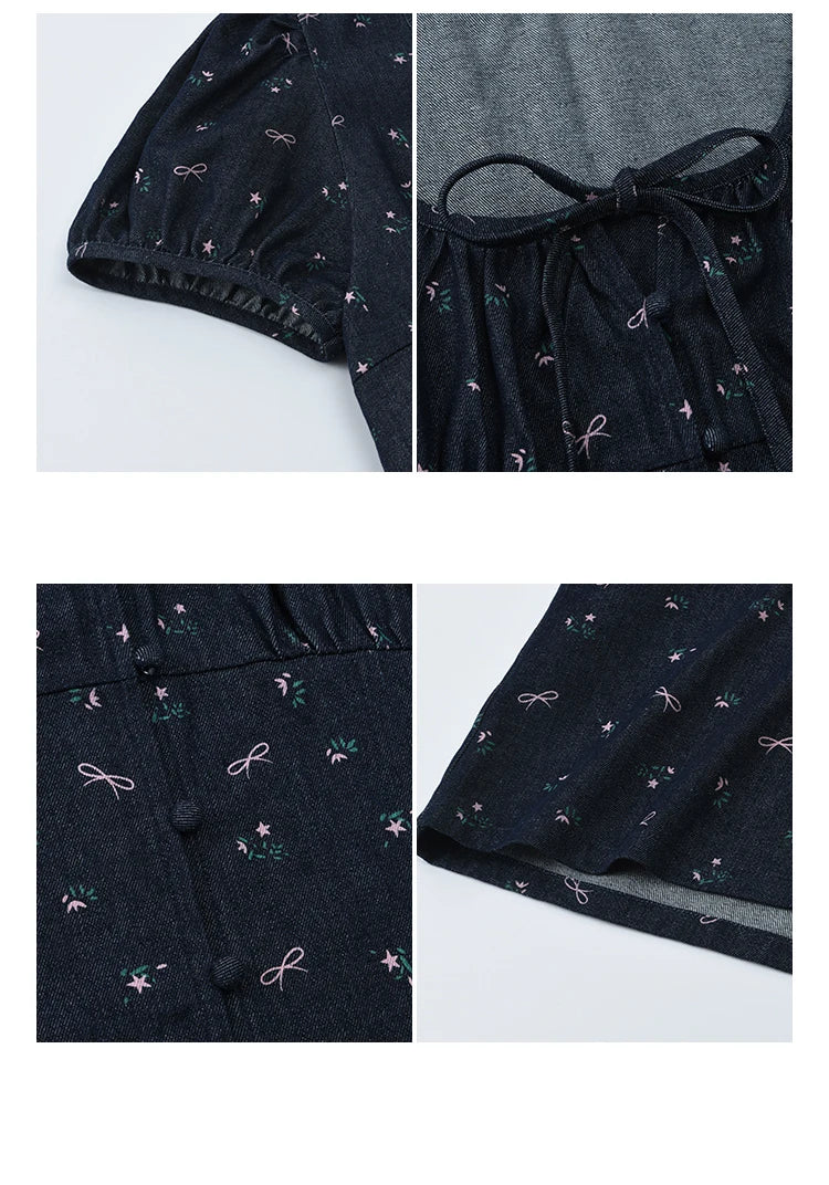 MISHOW Fashion Puff Sleeve Square Neck Blouse for Women 2025 Summer Lace Up Button Print Denim Top Women's Clothing MXE39X1933