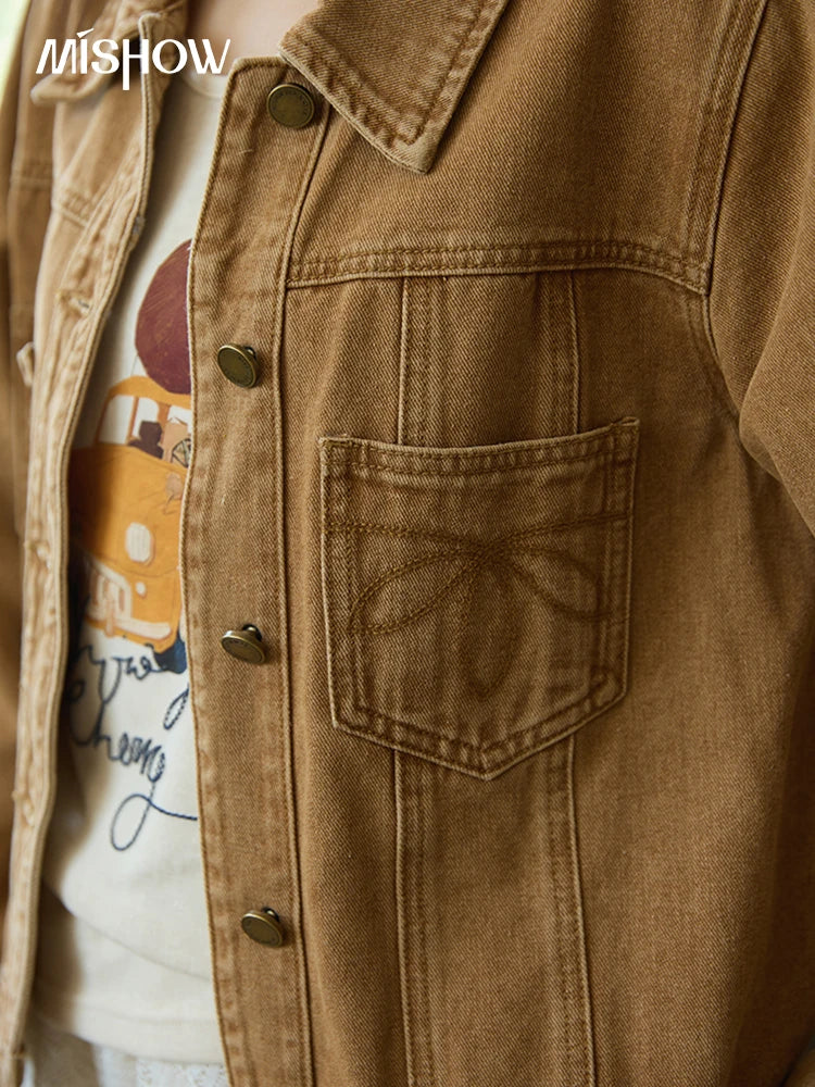 MISHOW Light Brown Vintage Denim Jacket for Women 2025 Autumn Embroidered Pockets Dropped Sleeve Retro Loose Jacket MXE41W0795