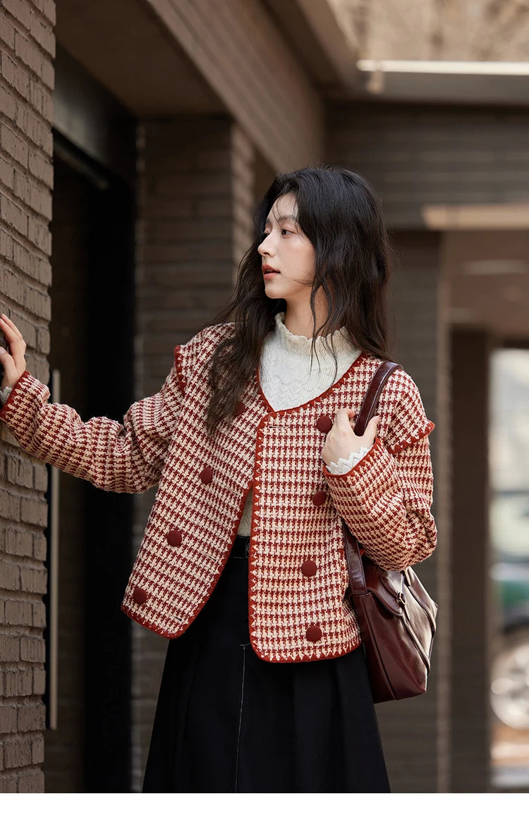 MISHOW Plaid Tweed Jacket Women Red Double Breasted Long Sleeve Tops 2024 Winter French Elegant Design Short Coat MXD56W0631