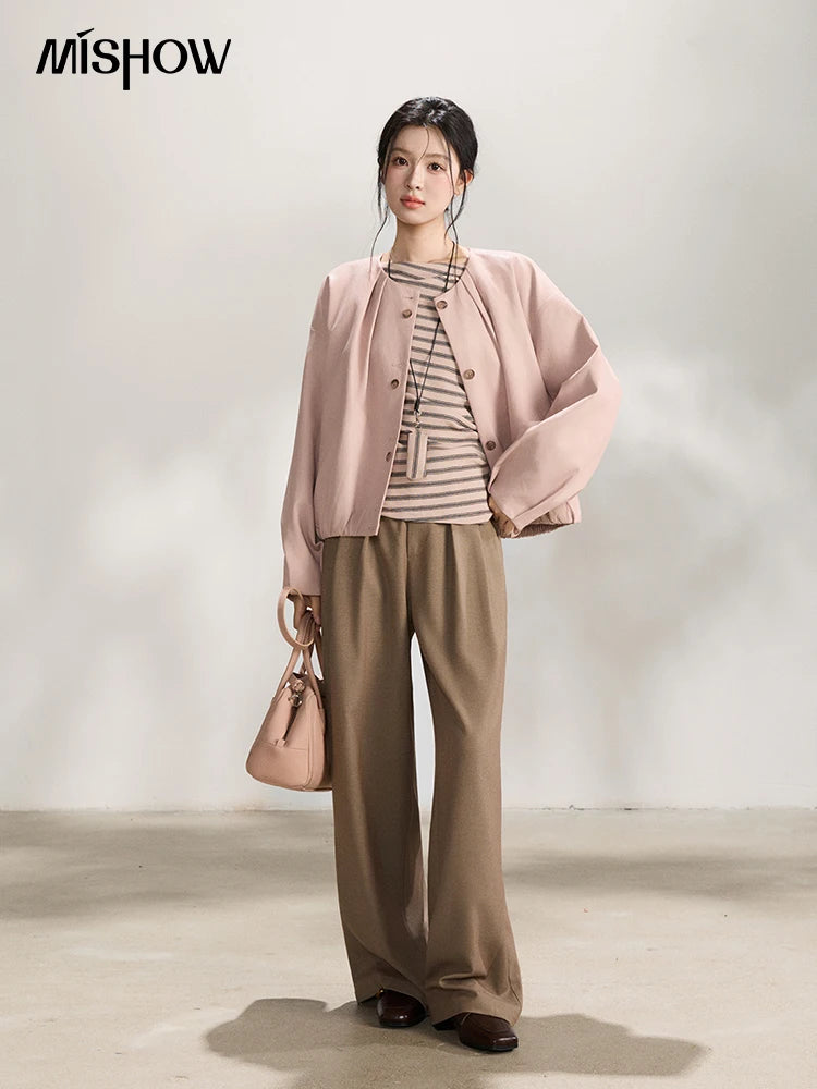 MISHOW Women's Pink Flower Bud Leather Jacket Spring 2026 Crew Neck Single-breasted Coats Casual Loose Cropped Coat MXF108W1001