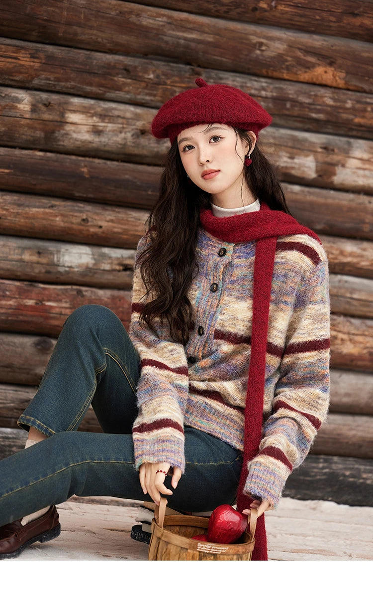 MISHOW Striped Sweaters Short Contrast Color Loose Casual O-Neck Single Breasted Tops Soft Warm Knitted Cardigans MXD59Z1061