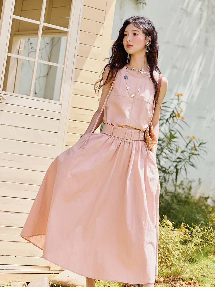 MISHOW Women's Vest Dress 2025 Summer Hand Woven Fried Dough Twists Waist Belt Slim Long Dress A-line Vacation Dress MXE34L2223