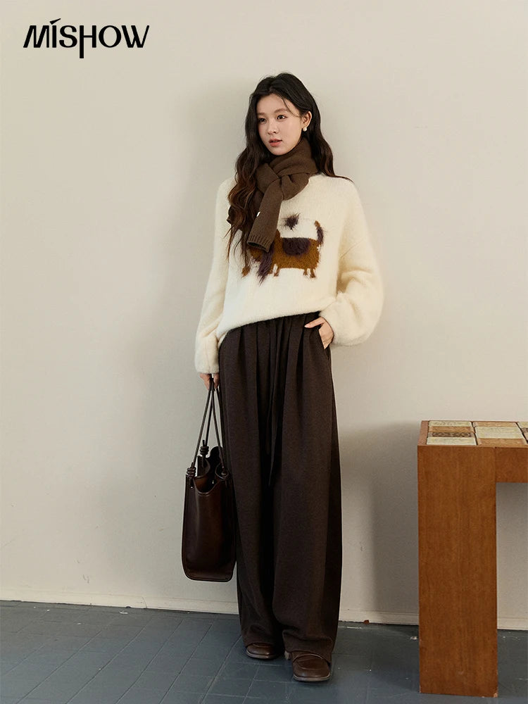 MISHOW Women's Solid Knitted Sweater 2025 Autumn Winter Dog Pattern Jacquard Crew Neck Fluffy Warm Loose Pullover Top MXE94Z2988