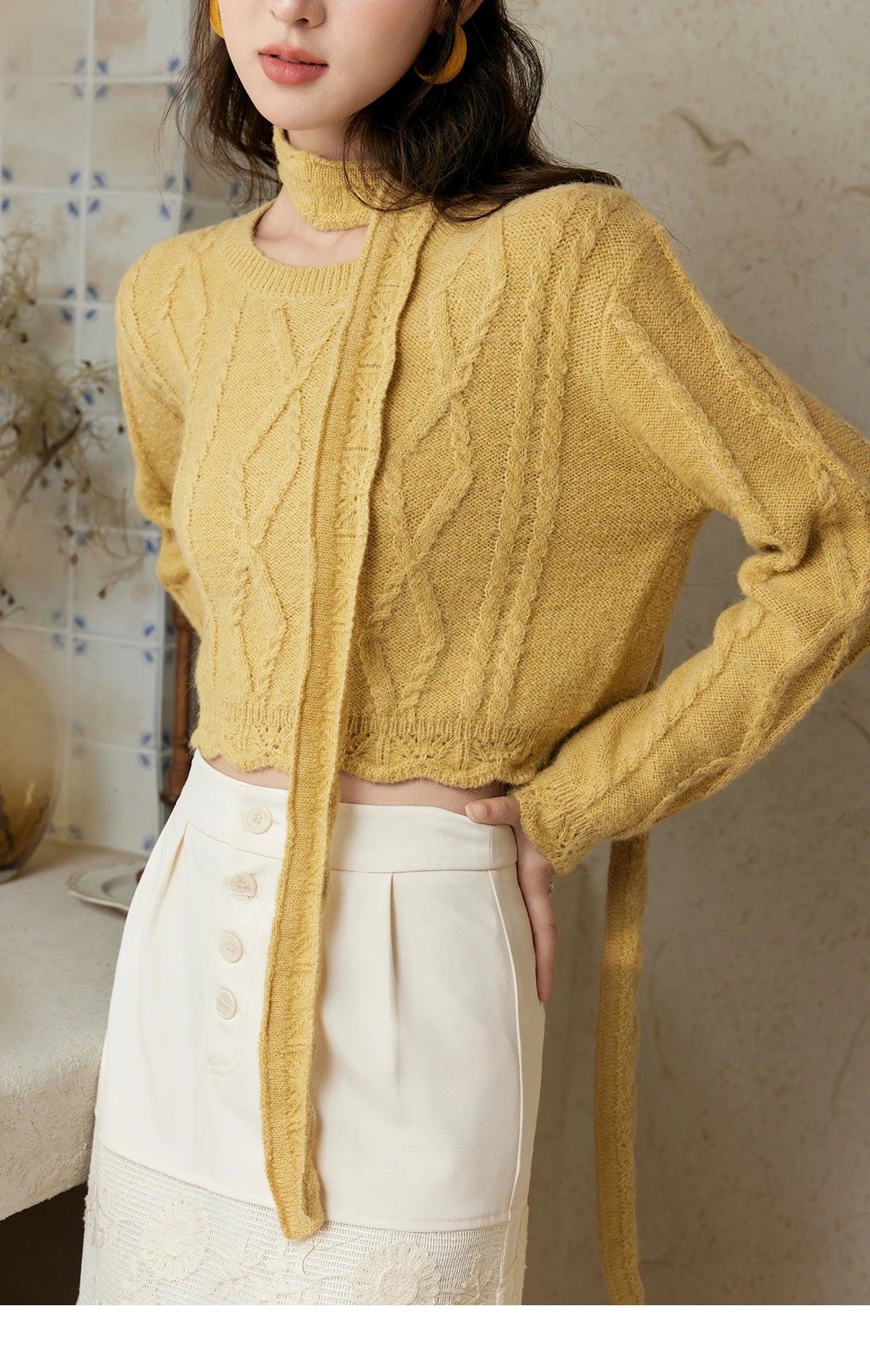 MISHOW Romantic Lace Wave Lace O-neck Knitted Sweater 2024 French Short Top Solid Hollow Elegant Sweater with Belt MPD42Z0736