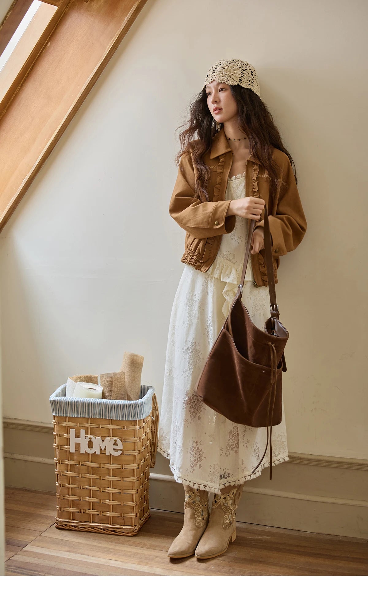 MISHOW Bohemian Apricot Lace Camisole Inner Dress Autumn Irregular Ruffle Tassel Hem Dresses Front Side Fork Dress MXE43L2449