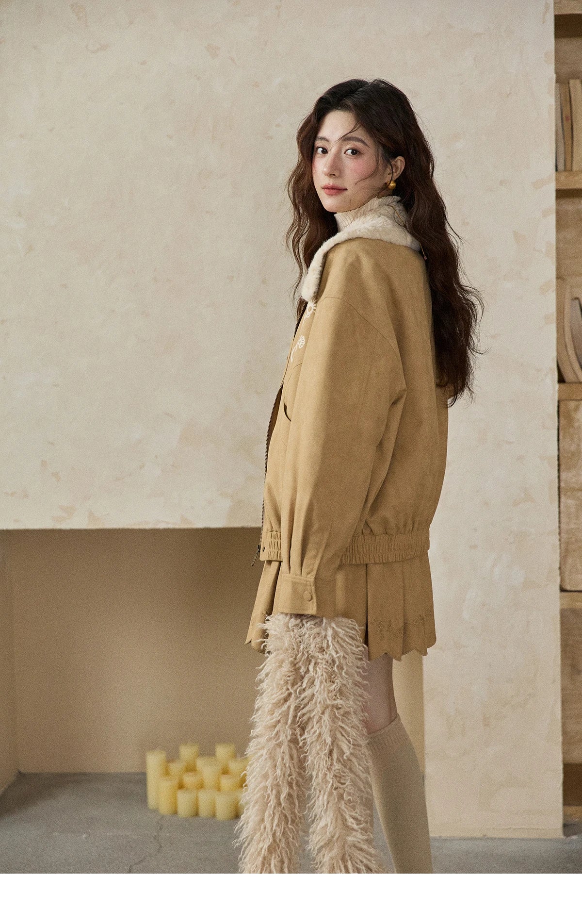 MISHOW Women's Floral Embroidered Jacket 2025 Winter French Style Yellow Plush Lapel Zip-up Coat Loose Warm Jacket MXE87W0932