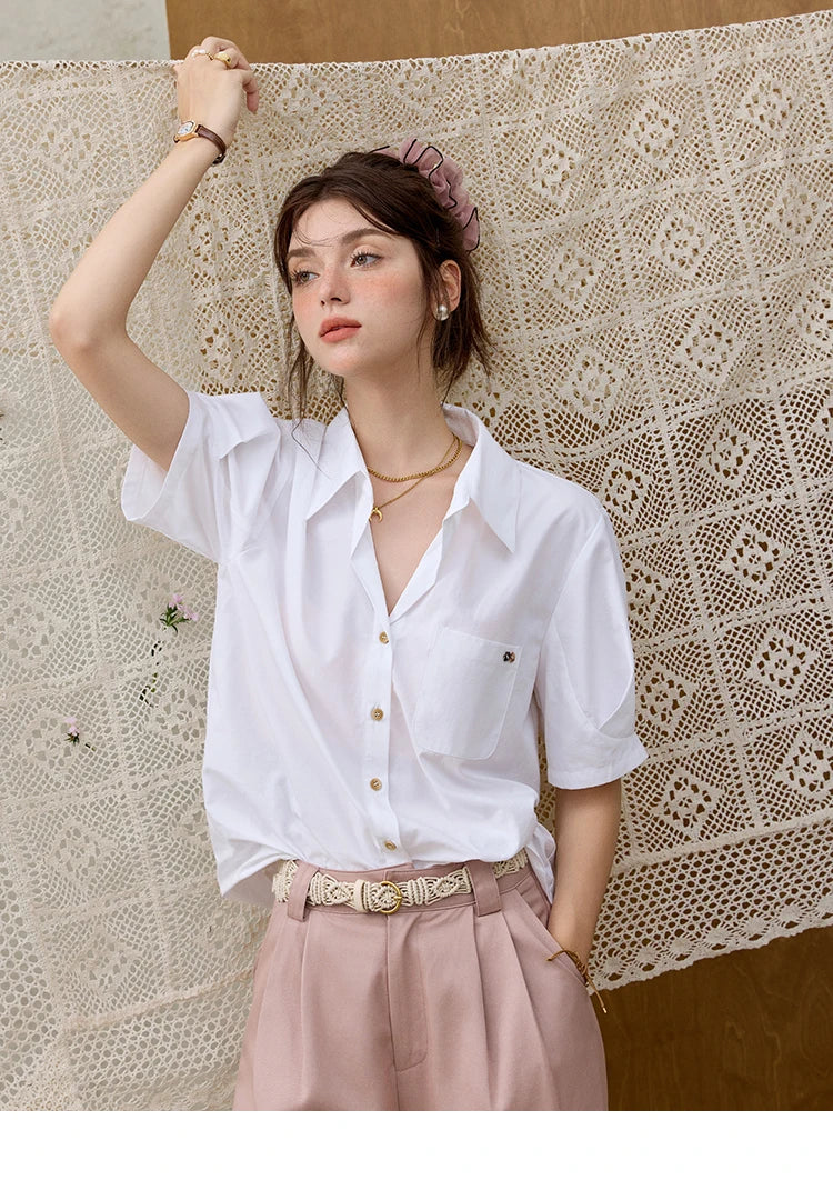 MISHOW New French Summer Shirts for Women New 2025 Short Sleeve Turn-down Collar Solid Slimming Blouses Lady Gentle MXE33C0778