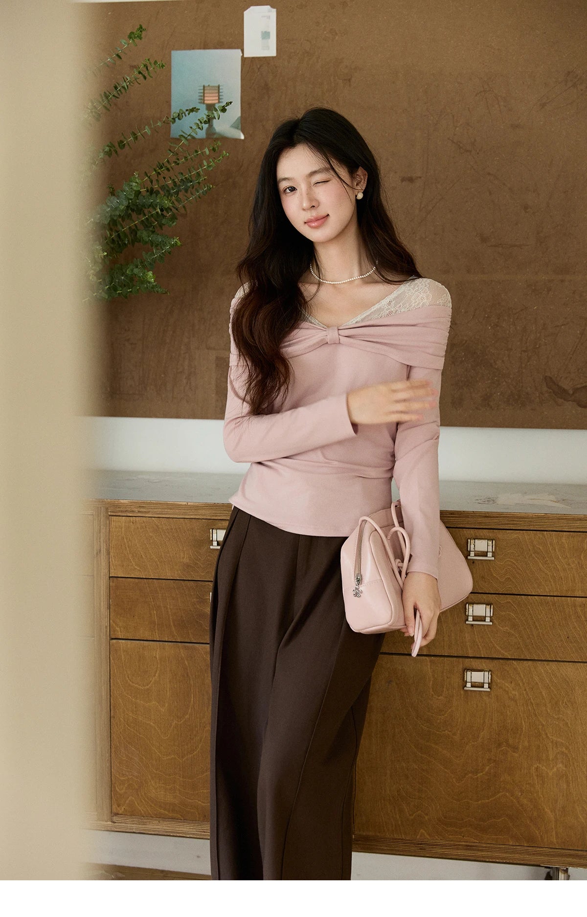 MISHOW Women's Lace Patchwork One Shoulder T-shirt 2026 Spring Twist Casual Slim Tees Sweet Pink Long Sleeve Tops MXF108Z1026