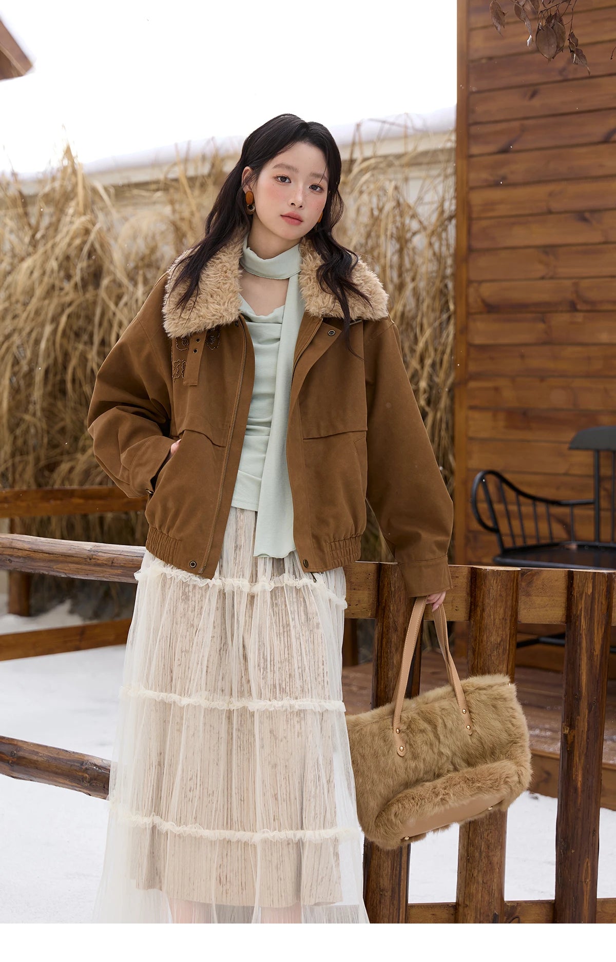 MISHOW Brown Suede Jacket for Women 2025 Winter New Detachable Fur Collar Coat commute Long Sleeve Zipper Jacket MXE51W0876