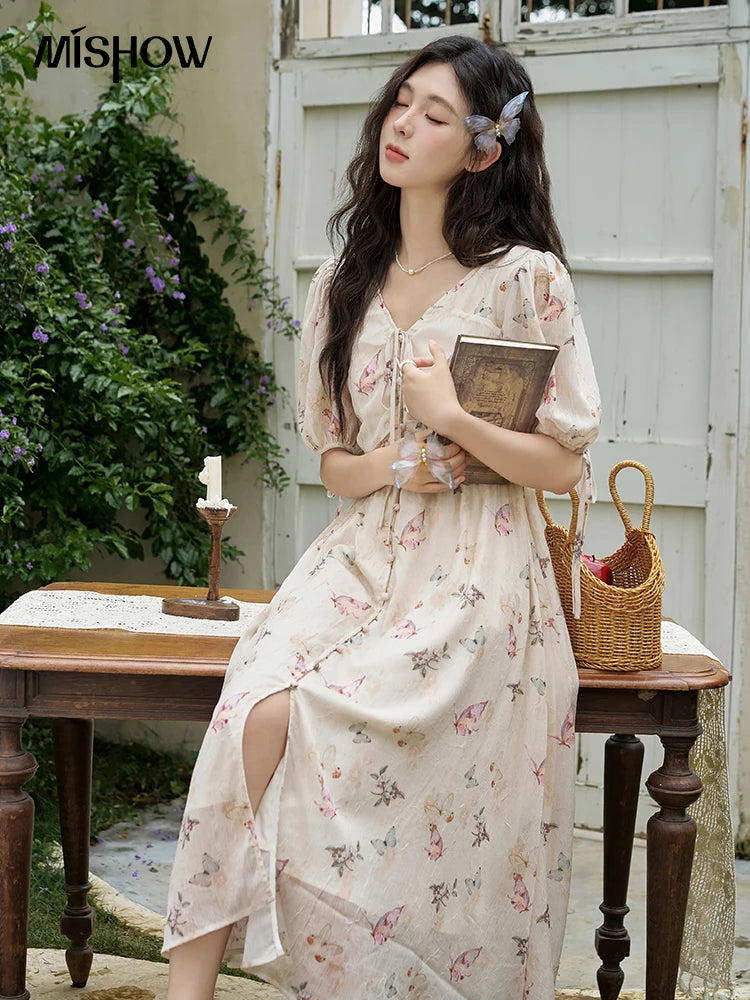 MISHOW Butterfly Printing Dress for Women 2025 Summer Luxury Elegant V-neck Lace-up Bubble Sleeves Slim Long Dress MXD15L1778