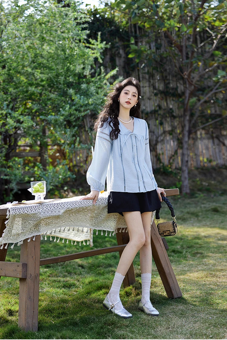 MISHOW French Sweet Loose Blue Shirt for Women 2025 Spring Summer V-neck Lace-up Hollow Doll Shirt Lantern Sleeve Top MXE12C0411