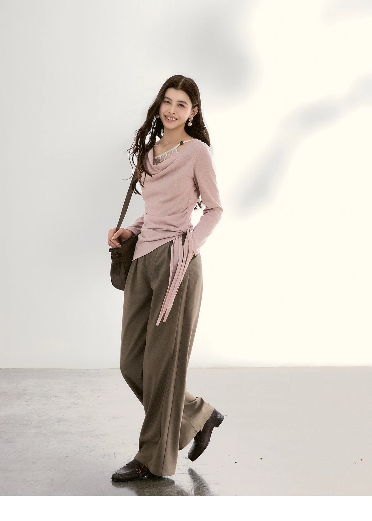 MISHOW Women's Splicing Lace Trim Draped Neck Long Sleeve Tops 2026 Spring Side Tie Ruched Irregular Casual Slim Tees MXF13Z2995