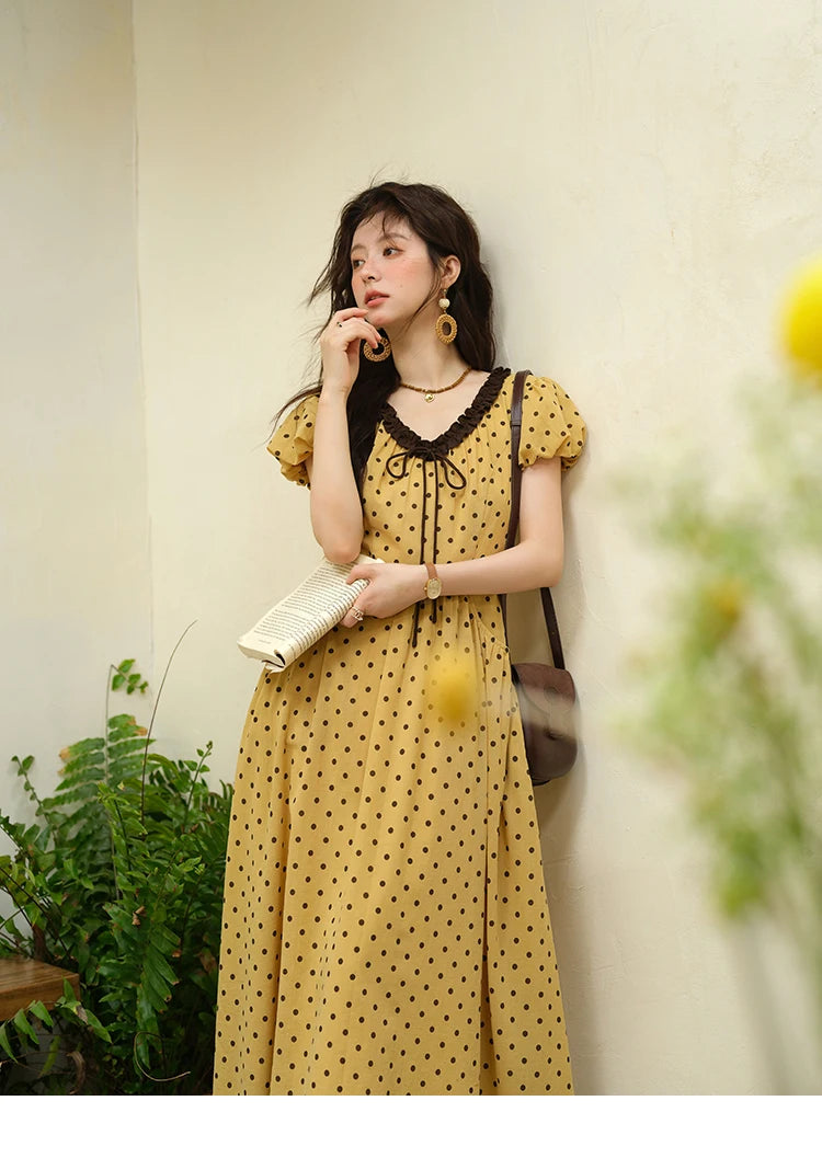 MISHOW Women's Casual Polka Dot Dress 2025 Summer New Ladies Puff Sleeve V-neck Lace Up Ruffle Edge Pocket Dresses MXE39L2326
