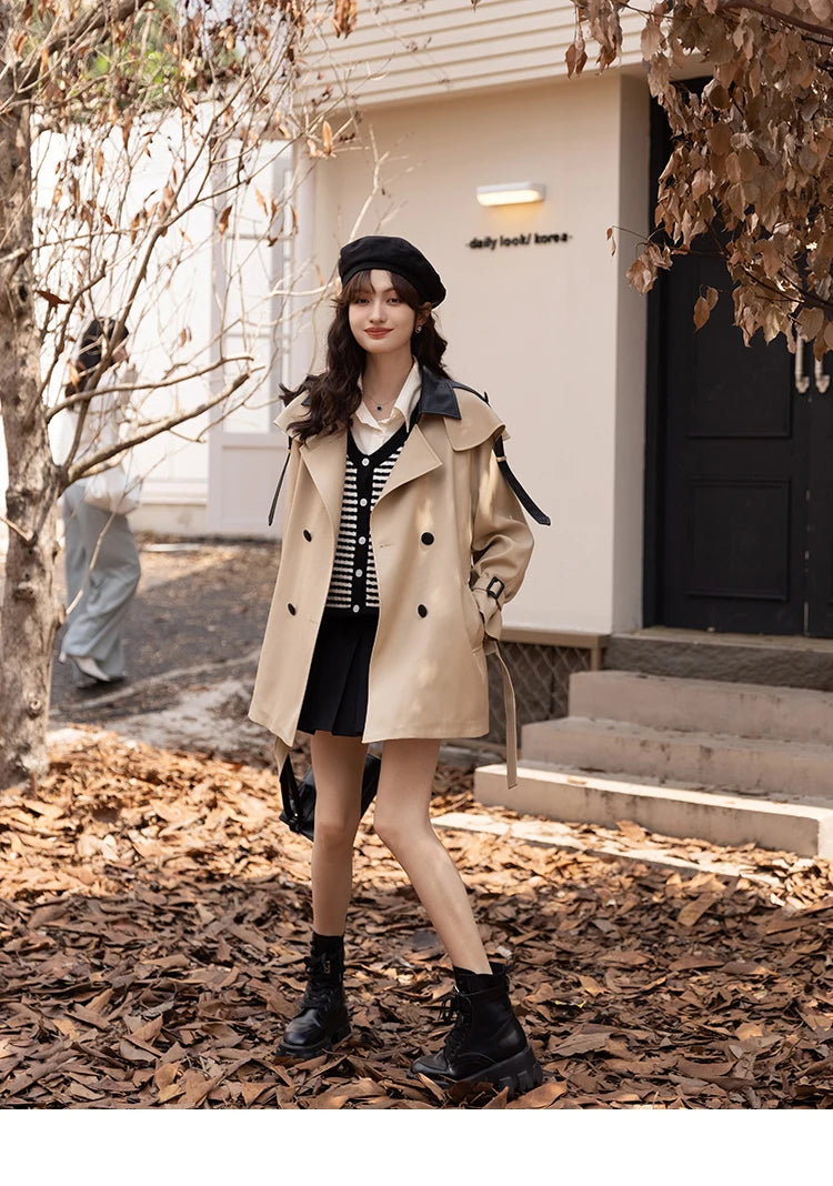 MISHOW Trench Coats for Women Autumn Korean Office Lady Polo Collar Patchwork Long Mid-length Jacket Female Outerwear MXB33W0399