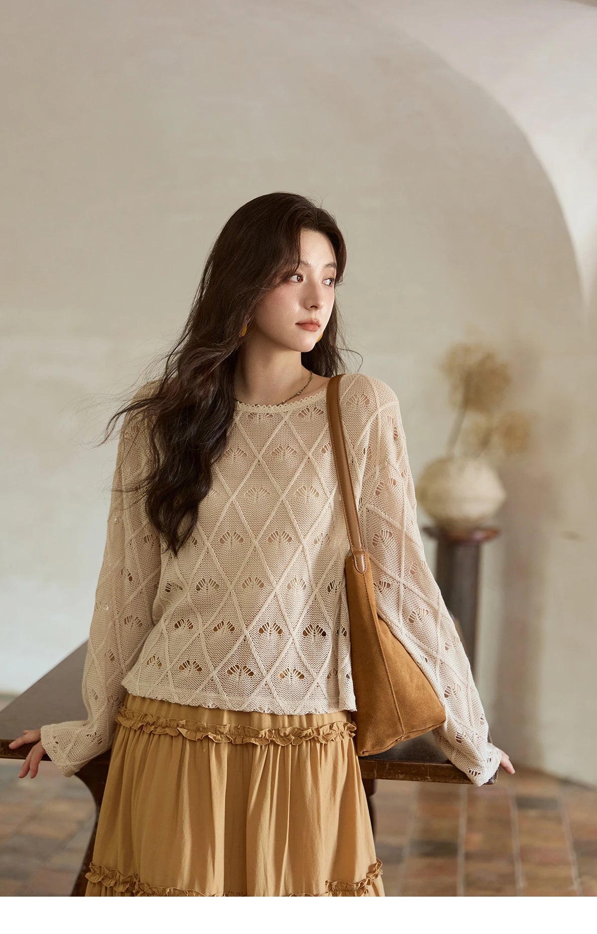 MISHOW Women's Diamond Patterned Knitted Top 2025 Autumn Bohemian Hollowed Out Thin Top Scoop Neck Knitted Sweaters MXE42Z1332