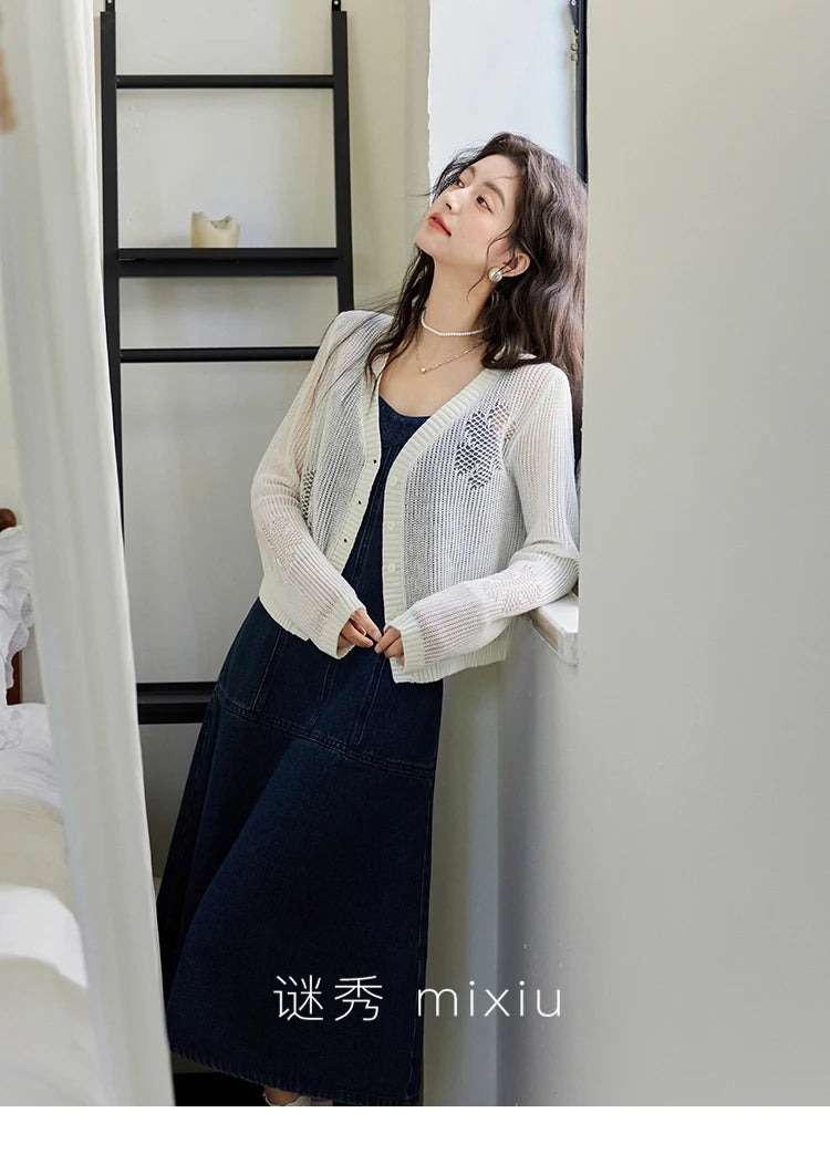 MISHOW Denim Camisole Dress Hollowed Out Cardigan Separately Spring Knitted Cardigan Lace Edge Waist Dress(Not A Set) MXE13L2094
