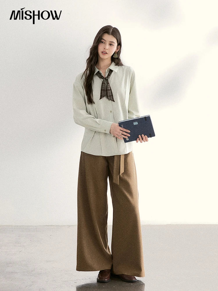 MISHOW Women's Strap Design Brown Wide Leg Pants Spring High Waist Back Elastic Waist Pants Casual Loose Trousers MXF11K1134
