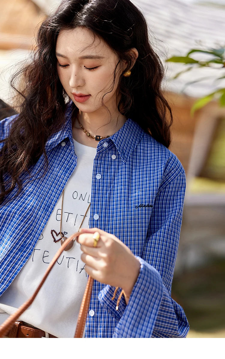 MISHOW Fashion Retro Blue Checkered Shirt Women's Autumn New Loose Casual Lapel Cotton Shirts Long Sleeves Tops Women MXE11C0398