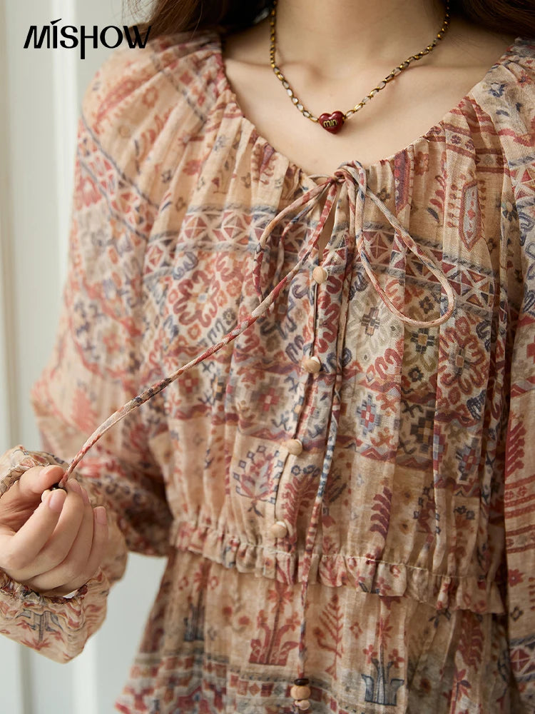 MISHOW Blouse Women 2025 National Style Printed Waist Round Neck Long-sleeved Top Commute Comfortable Autumn Blouse MXE47X2508