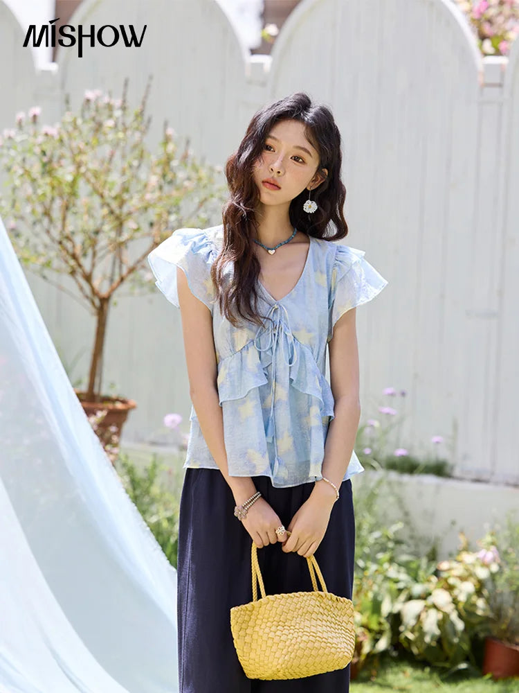 MISHOW Blue Double-layer Ruffled Linen V-neck Blouse for Women Summer 2025 Slim Flying Sleeve Breathable Lace-up Tops MXE33X1819