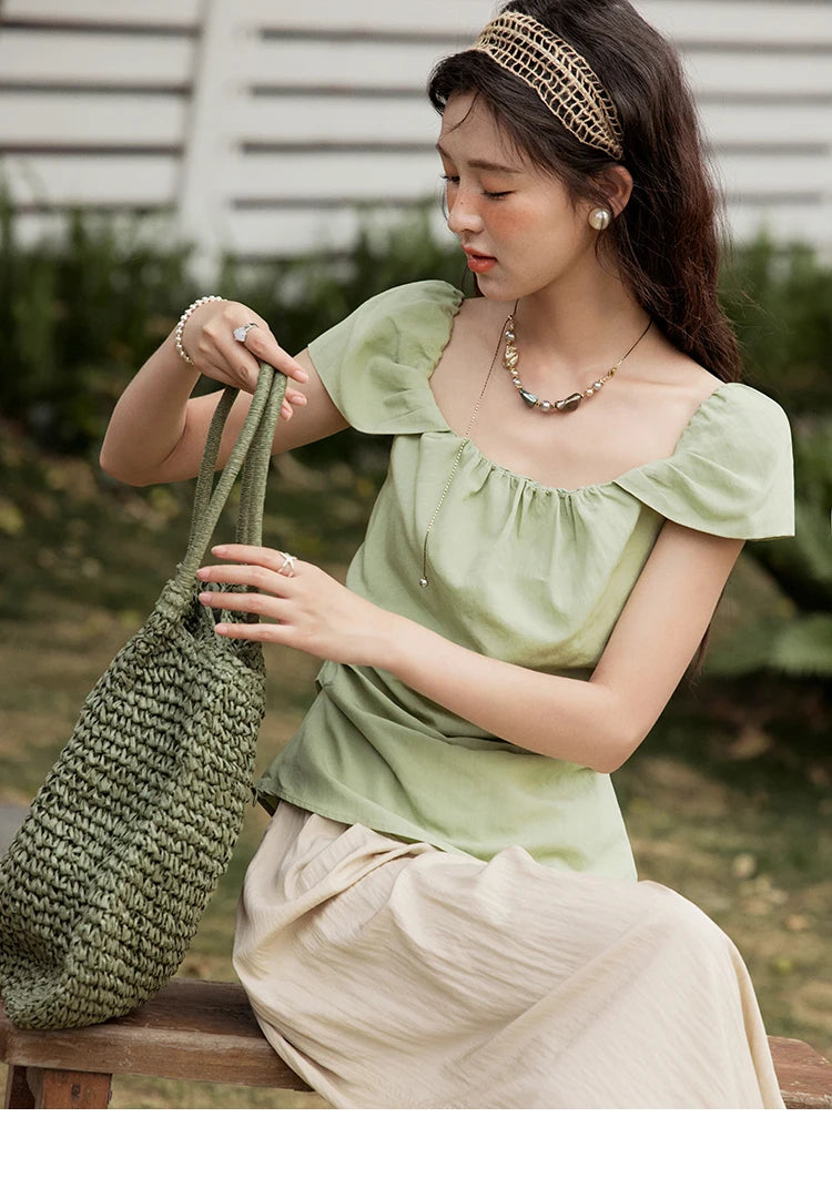 MISHOW French Summer Shirt Women 2025 New Short Flying Sleeve Square Collar Solid Slimming Blouses Female Versatile MXE34X1804