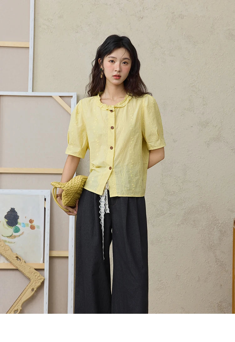 MISHOW 100% Cotton Women's Puff Sleeve Shirt 2025 Summer New Fashion Round Neck Button Top Casual Female Clothing MXE36X1873