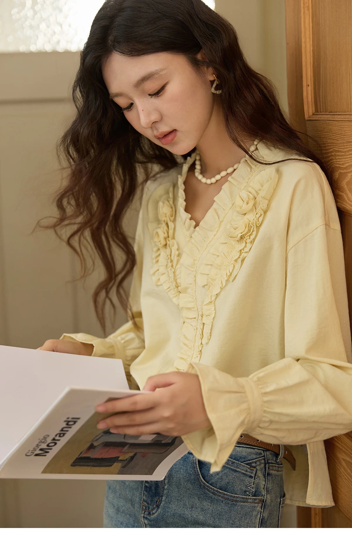 MISHOW Hand Sewn Rose Blouse for Women Autumn 2025 V-neck  Edible Tree Fungus Edge Tops Sweet Lantern Sleeves Blouses MXE44X2470