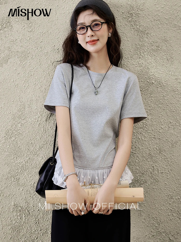 MISHOW Lace Hem Splicing T-shirt for Women Spring/summer 2025 Round Neck Versatile Top Streetwear Solid Casual Tees MXE31T0528